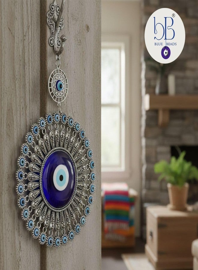 BLUE BEADS زينة جدارية على شكل عين الحسد، عين تركية زرقاء، تصميم معدني مزخرف بالفضة والذهب، زينة جدارية وباب كبيرة للمنزل والمكتب (النمط 01) - Image 4